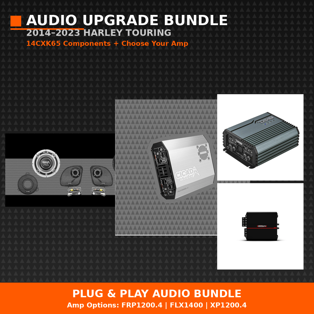 2014–2023 Harley plug and play audio bundle with 14CXK65 component speakers and amp choice