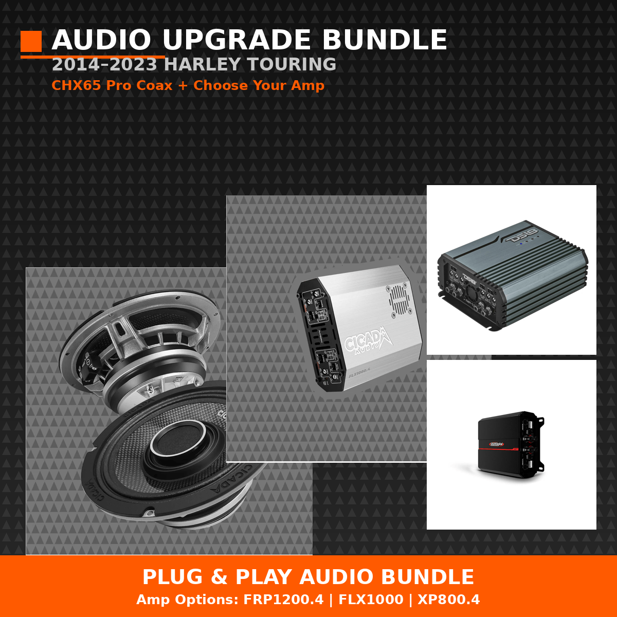 2014–2023 Harley plug and play audio bundle with CHX65 pro coax speakers and amp choice