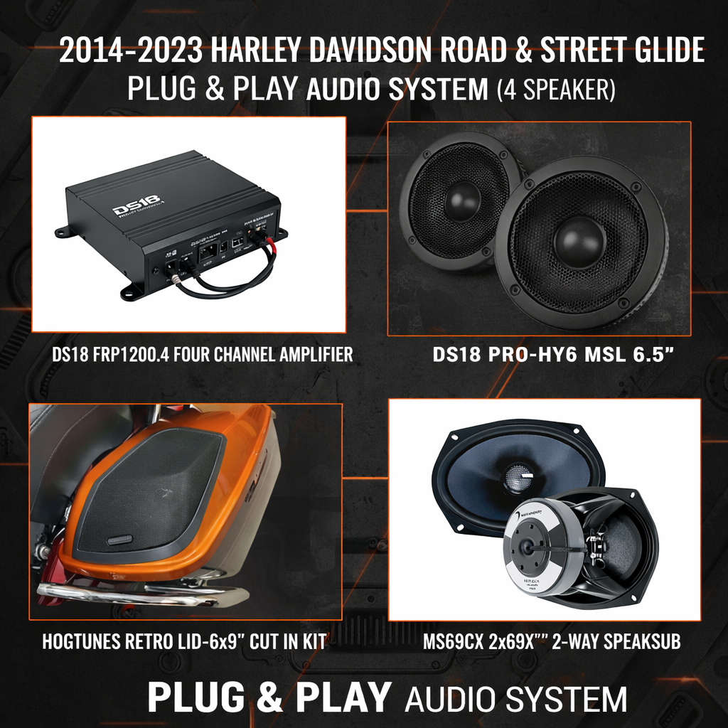 Four speaker plug and play audio system for 2014β2023 Harley Davidson Road and Street Glide featuring PRO-HY6 MSL 6.5 inch motorcycle speakers