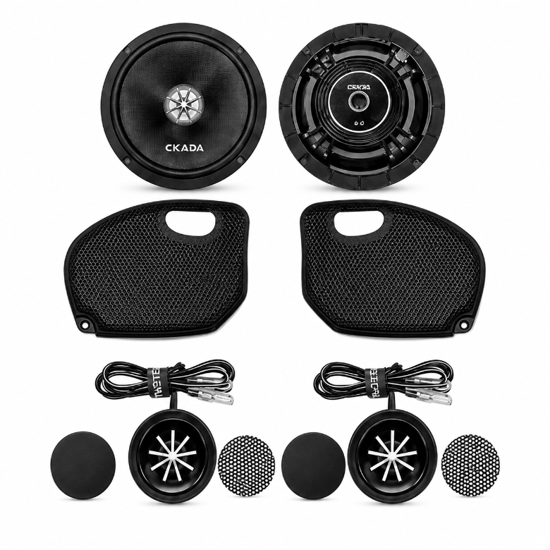 Cicada Audio CXXM65 6.5-inch mid-bass speakers with Street Glide grilles and RR05T tweeters for 2024+ Harley-Davidson Street Glide