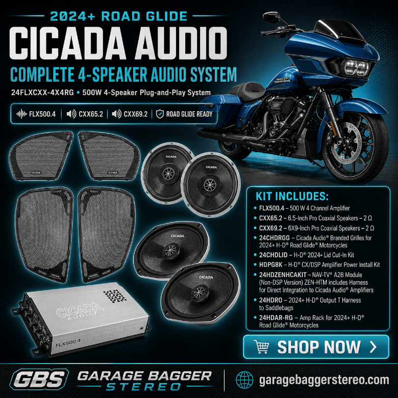 Cicada Audio 24FLXCXX-4X4RG four-speaker plug-and-play audio system with FLX500.4 amplifier for 2024+ Harley-Davidson Road Glide
