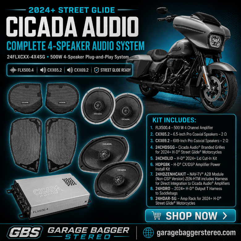 Cicada Audio 24FLXCXX-4X4SG four-speaker plug-and-play audio system with FLX500.4 amplifier for 2024+ Harley-Davidson Street Glide