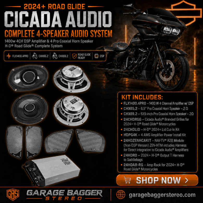 Cicada Audio 24FLXPCHX-4X4RG four-speaker plug-and-play DSP audio system with FLX1400.4PRO amplifier, CHX65.2 and CHX69.2 speakers for 2024+ Harley-Davidson Road Glide