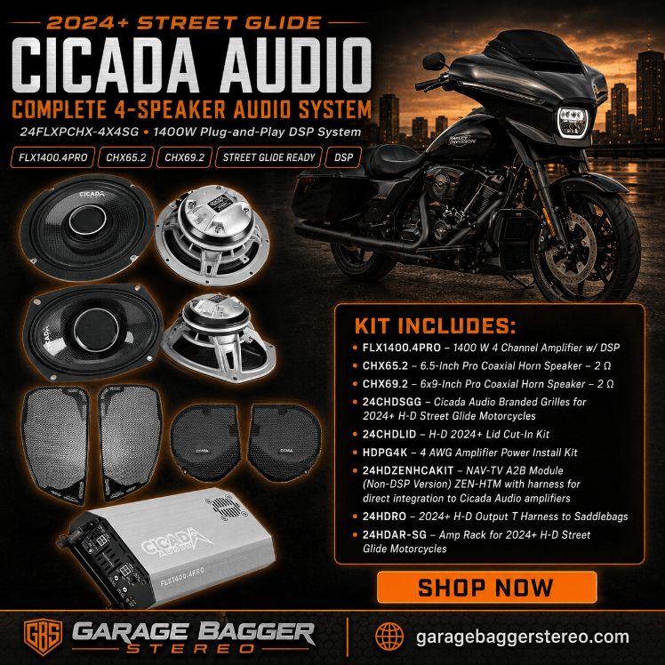 Cicada Audio 24FLXPCHX-4X4SG four-speaker plug-and-play DSP audio system with FLX1400.4PRO amplifier, CHX65.2 and CHX69.2 speakers for 2024+ Harley-Davidson Street Glide