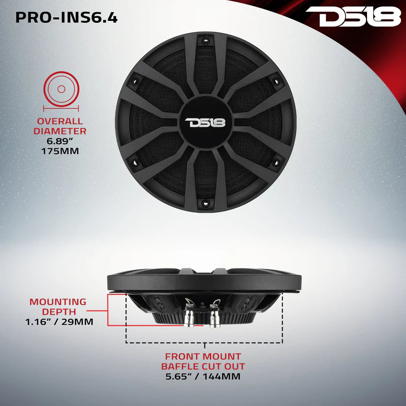 DS18 PRO-INS6.4 ultra slim midrange speaker installed in tight location