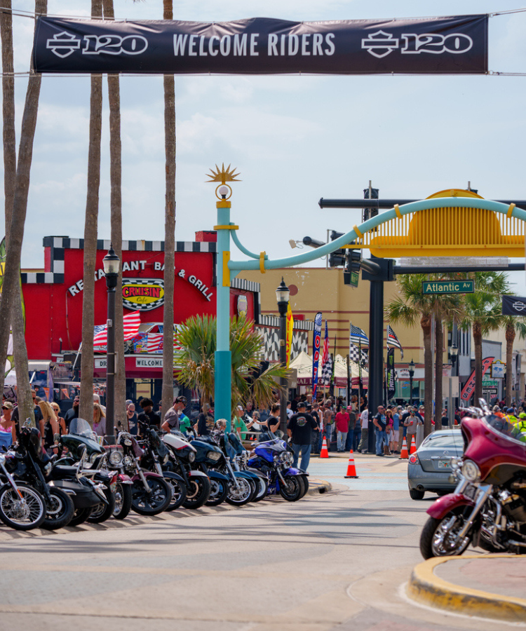 large groups of motorcycles parked at a motorcycle convention