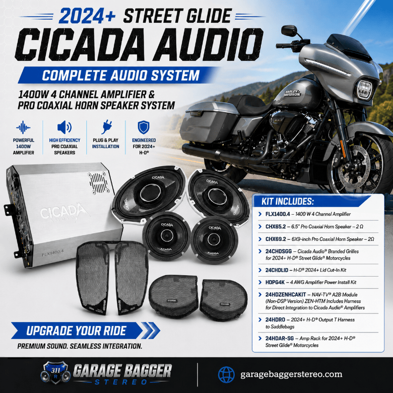 Cicada Audio 24FLXCHX-4X4SG complete audio system with FLX1400.4 amplifier, CHX65.2 and CHX69.2 speakers for 2024 and newer Harley-Davidson Street Glide