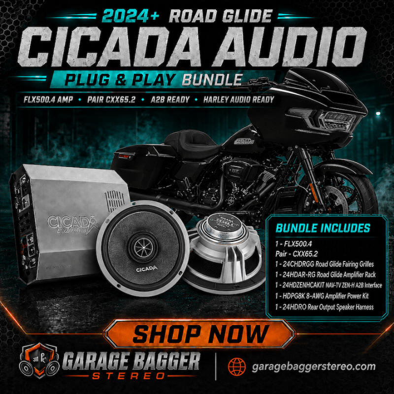 Cicada Audio 24FLXCXX-4X2RG plug-and-play audio bundle with FLX500.4 amplifier and CXX65.2 speakers for 2024 and newer Harley-Davidson Road Glide
