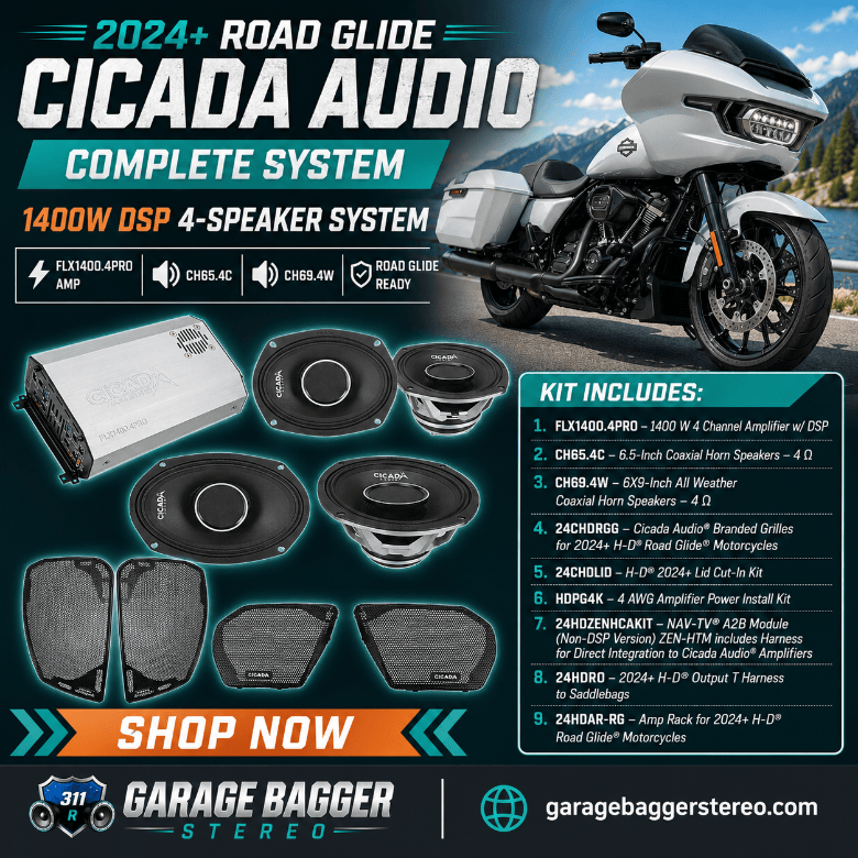 Cicada Audio 24FLXPCH-4X4RG 1400-watt DSP four-speaker system with FLX1400.4PRO amplifier, CH65.4C and CH69.4W speakers for 2024 and newer Harley-Davidson Road Glide