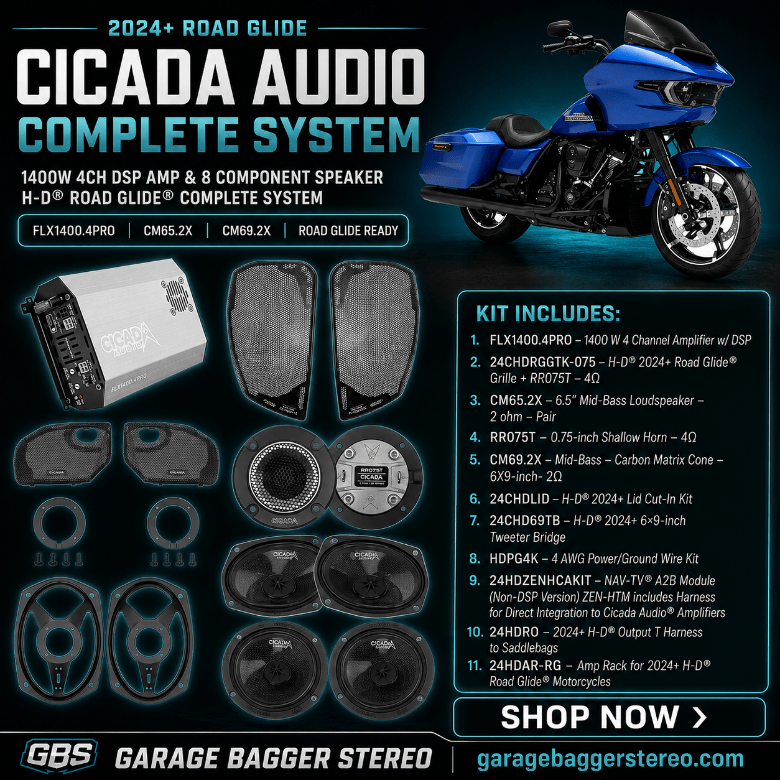 Cicada Audio 24FLXPCM-4X8RG 1400-watt DSP eight-speaker component system with FLX1400.4PRO amplifier, fairing speakers and saddlebag lid speakers for 2024 and newer Harley-Davidson Road Glide