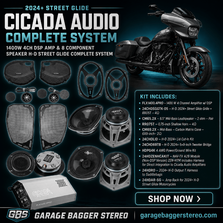 Cicada Audio 24FLXPCM-4X8SG 1400-watt DSP eight-speaker system with FLX1400.4PRO amplifier, component speakers and saddlebag lid hardware for 2024 and newer Harley-Davidson Street Glide