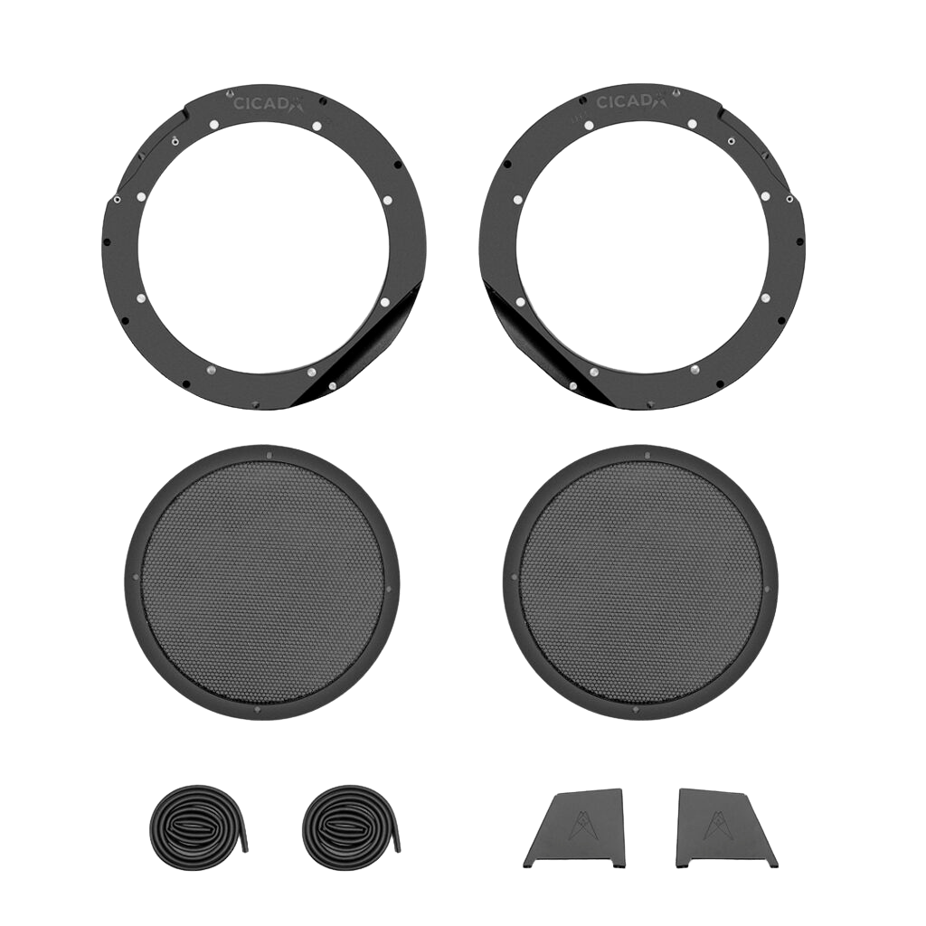 Cicada Audio 24HDRING 8-inch or 10-inch mid-bass mounting rings and grilles for 2024 and newer Harley-Davidson saddlebags