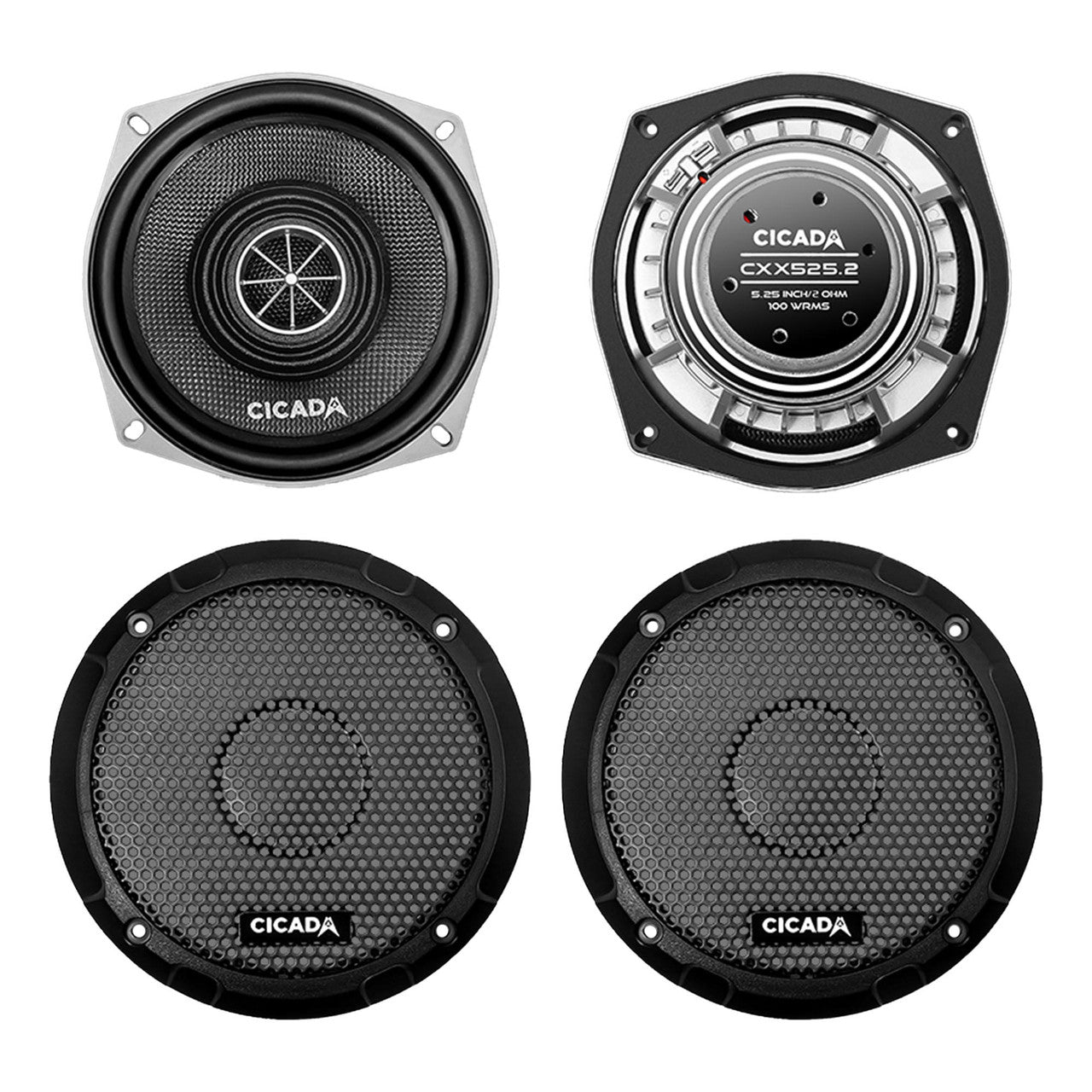 Cicada Audio CXX525 5.25-inch Pro Coaxial motorcycle speakers available in 2-ohm and 4-ohm versions