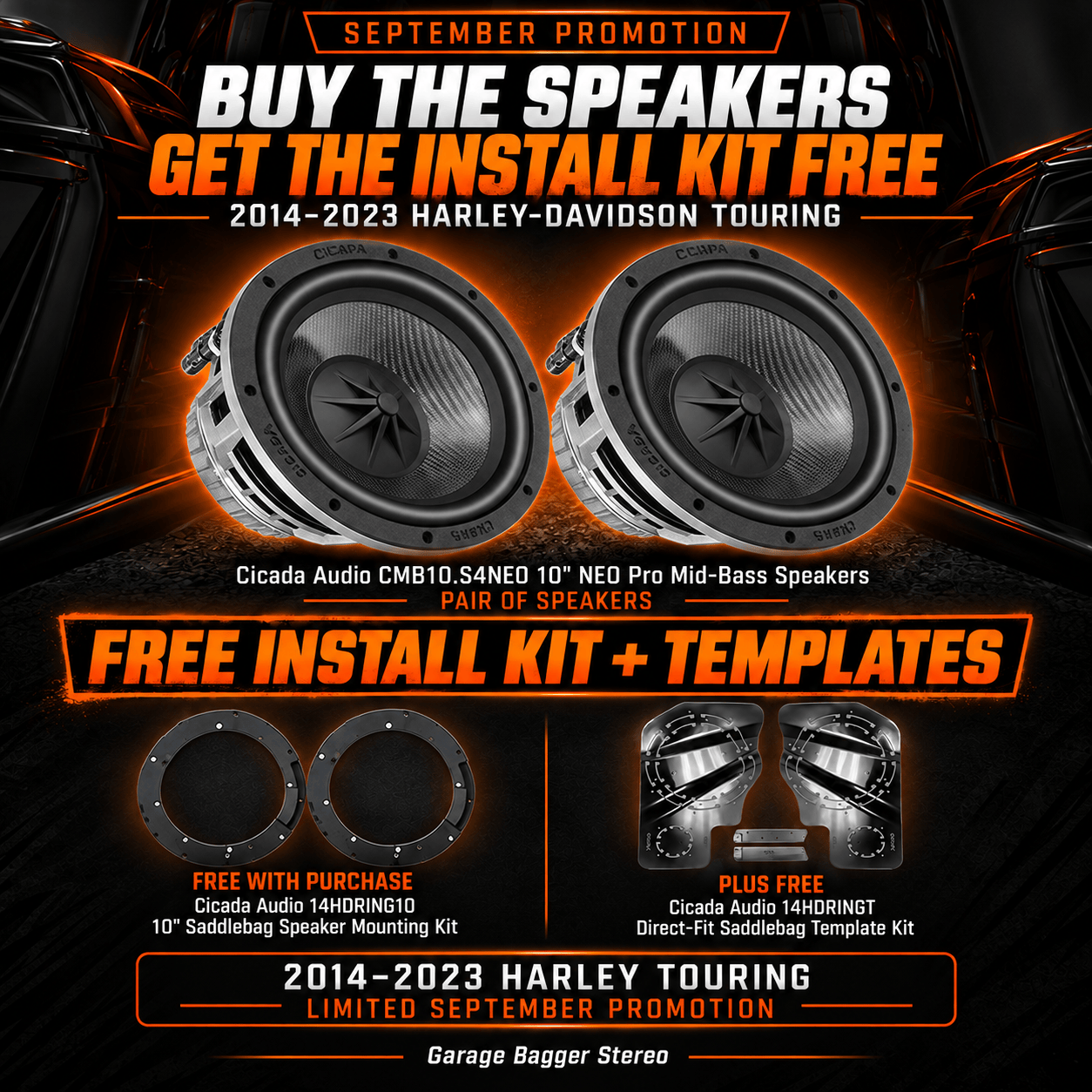 Cicada Audio CMB10.S4NEO 10-inch NEO mid-bass September promotion with free 14HDRING10 saddlebag mounting kit and 14HDRINGT templates for 2014-2023 Harley Touring