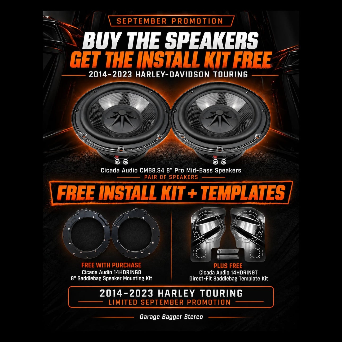 Cicada Audio CMB8.S4 8-inch mid-bass September promotion with free 14HDRING8 saddlebag mounting kit and 14HDRINGT templates for 2014-2023 Harley Touring