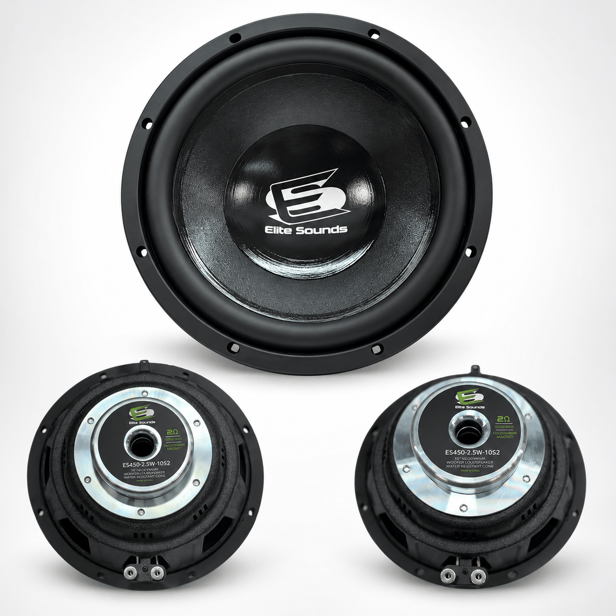 Elite Sounds ES450-25W-10S2 10-inch bagger mid-bass woofer shown from front and rear