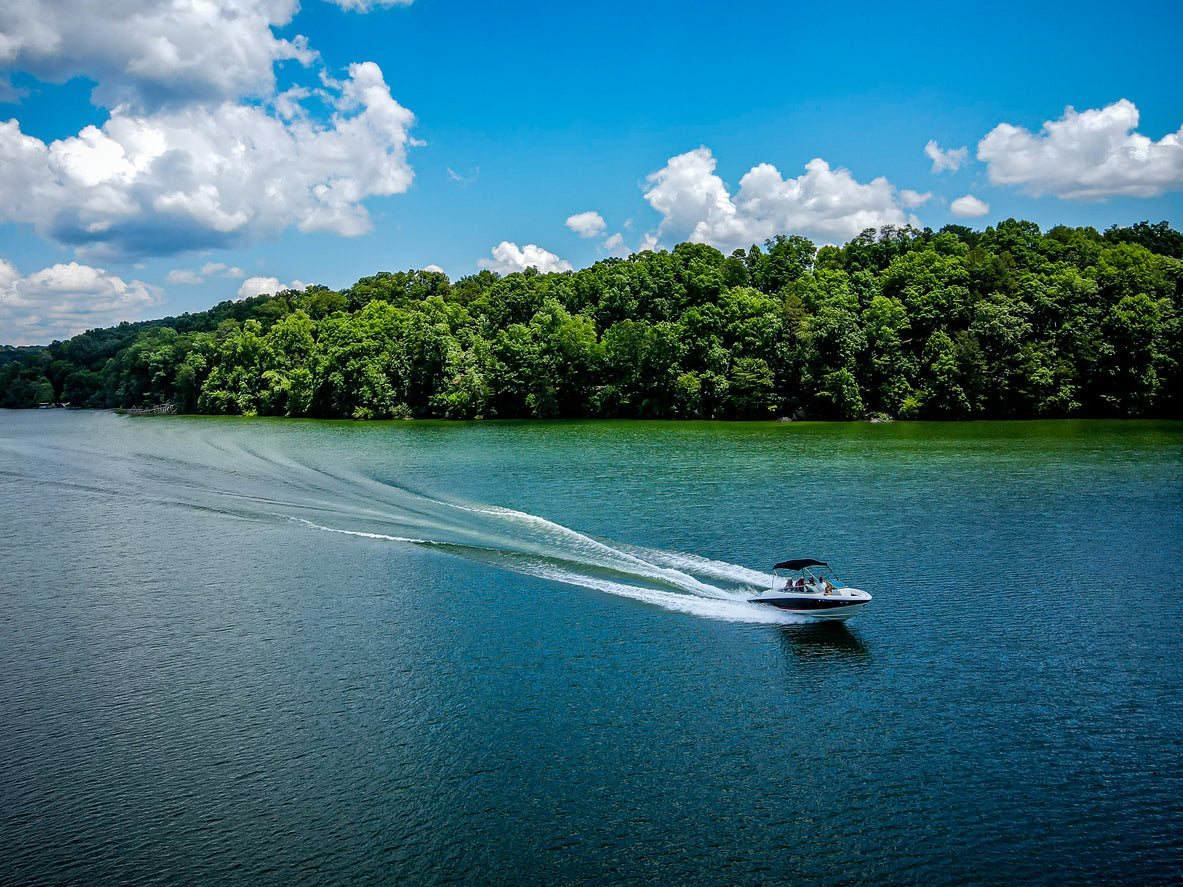 overhead view of boat sailing in a lake