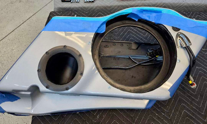 Custom Harley-Davidson saddlebag audio build with Cicada CMB10 midbass driver, Beyma 8-inch speaker bucket, custom port and SoundMat deadening