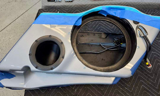 Custom Harley-Davidson saddlebag audio build with Cicada CMB10 midbass driver, Beyma 8-inch speaker bucket, custom port and SoundMat deadening