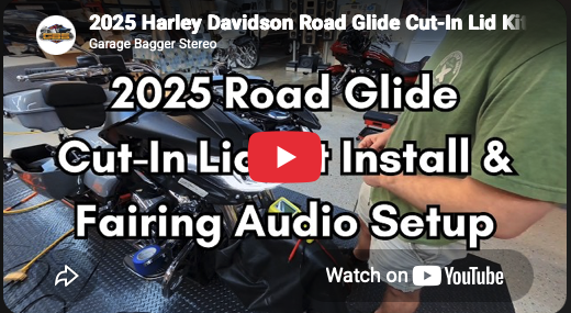 2025 Harley-Davidson Road Glide audio installation with Cicada fairing speakers and Cerwin-Vega 6x9 cut-in saddlebag lid kit