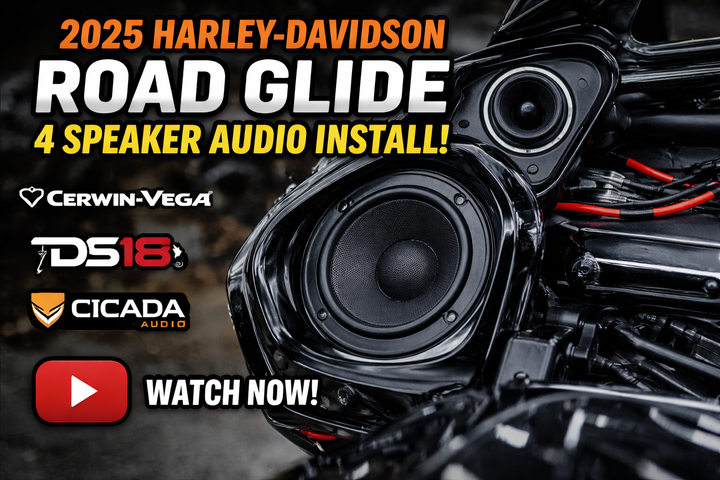 2025 Harley-Davidson Road Glide 4 speaker audio install thumbnail with front speaker close-up and brand logos