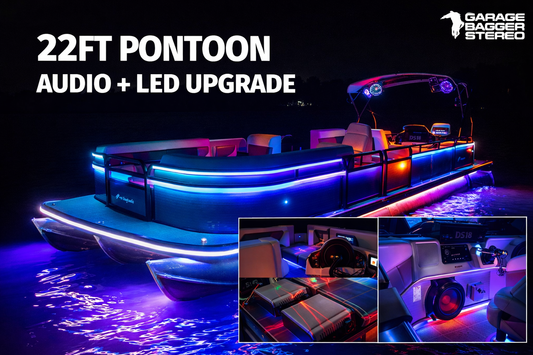22ft pontoon boat with custom DS18 audio upgrade and LED chase lighting by Garage Bagger Stereo