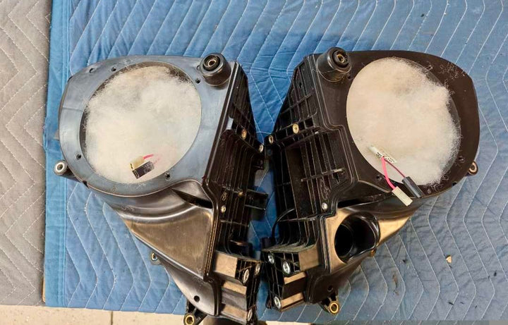 Polyfill installed inside a Harley-Davidson motorcycle speaker pod at Garage Bagger Stereo