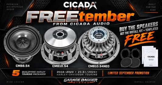 Cicada Audio FREEtember Harley Touring speaker promotion with free install kit and templates for qualifying 2014-2023 and 23.5+/2024+ packages
