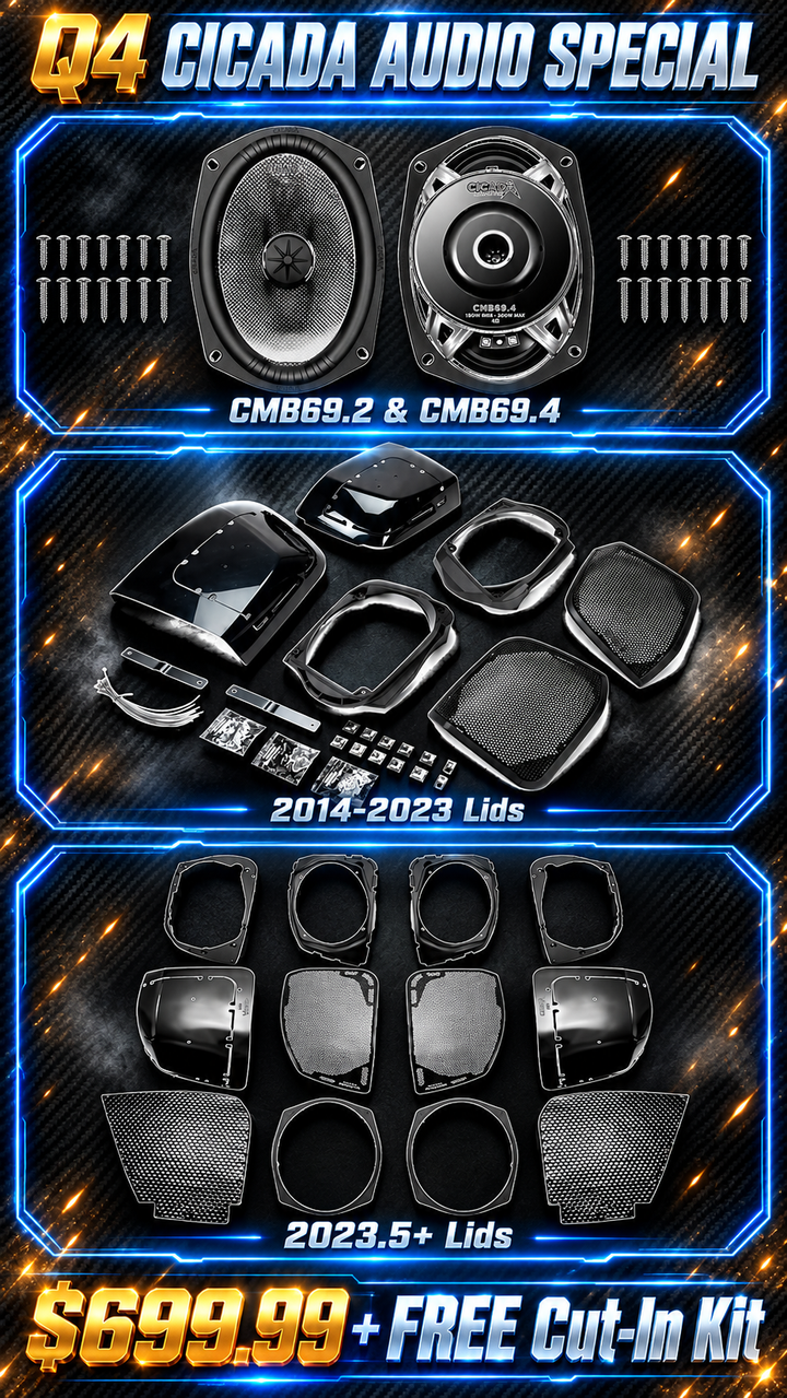 Cicada Audio Q4 special with CMB69 6x9 speakers and Harley-Davidson cut-in saddlebag lid kits for $699.99