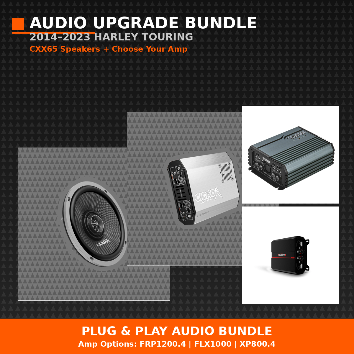 2014–2023 Harley plug and play audio bundle with CXX65 speakers and amp choice