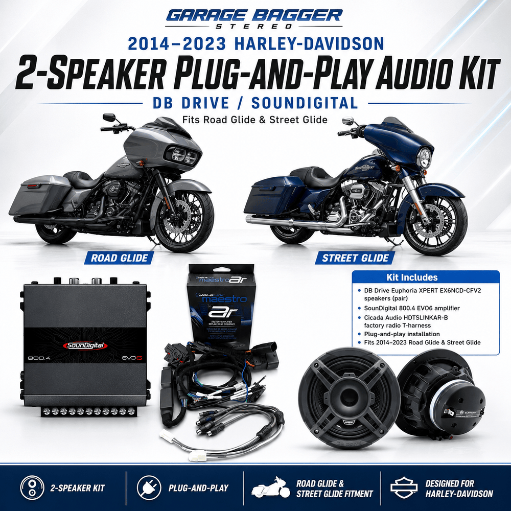 2014-2023 Harley-Davidson Road Glide and Street Glide 2-speaker plug-and-play audio kit with DB Drive speakers, SounDigital amplifier, and Cicada factory radio integration