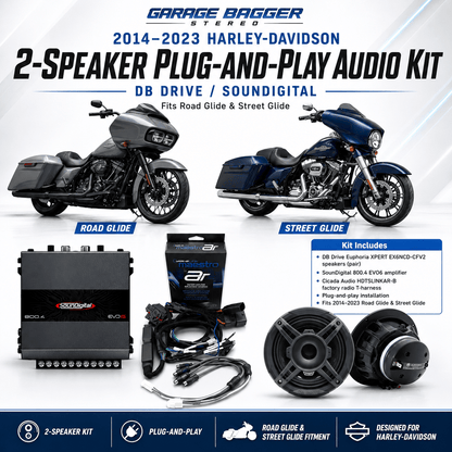2014-2023 Harley-Davidson Road Glide and Street Glide 2-speaker plug-and-play audio kit with DB Drive speakers, SounDigital amplifier, and Cicada factory radio integration