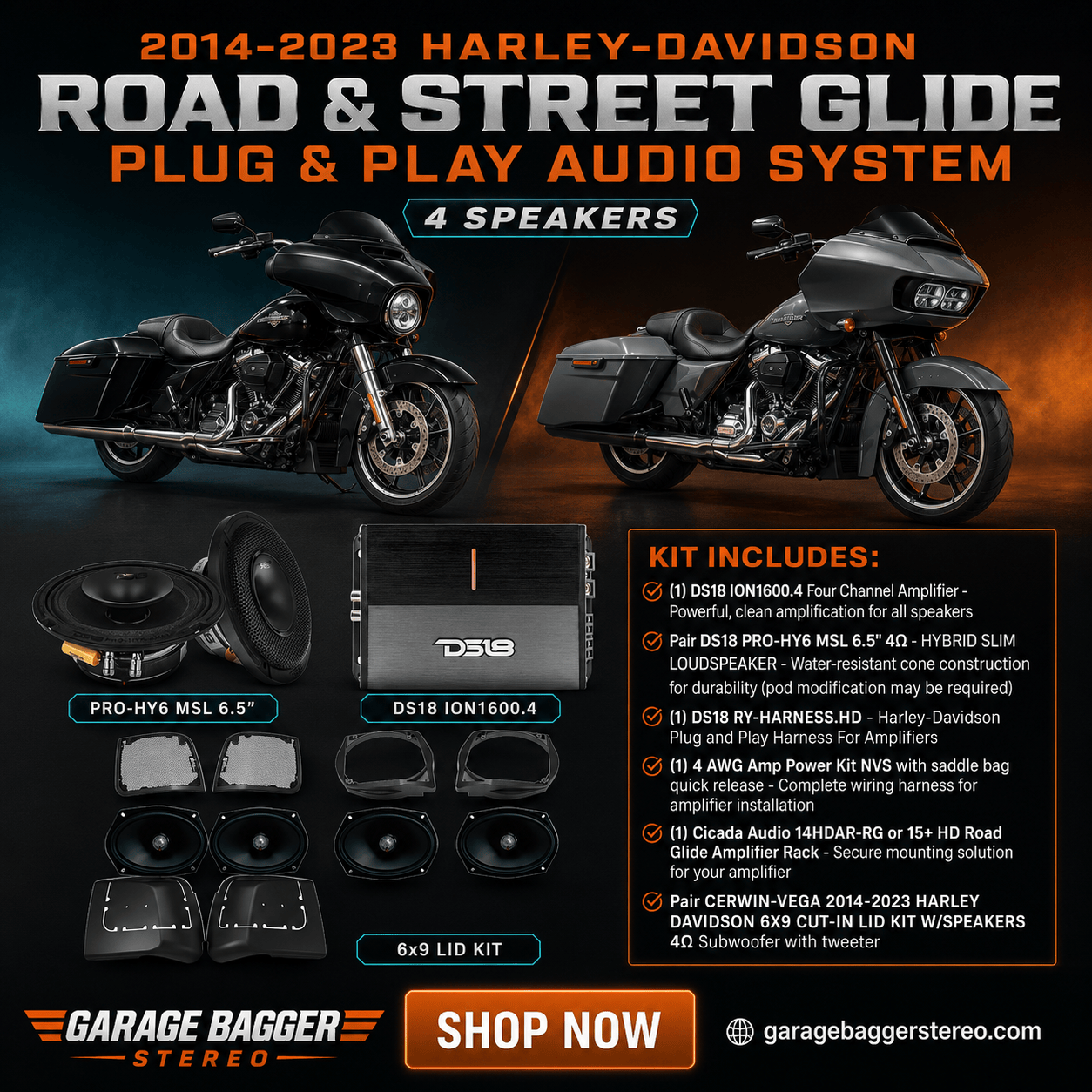 2014-2023 Harley-Davidson Road Glide and Street Glide four-speaker audio system with DS18 amplifier, hybrid fairing speakers and Cerwin-Vega 6x9 saddlebag speakers
