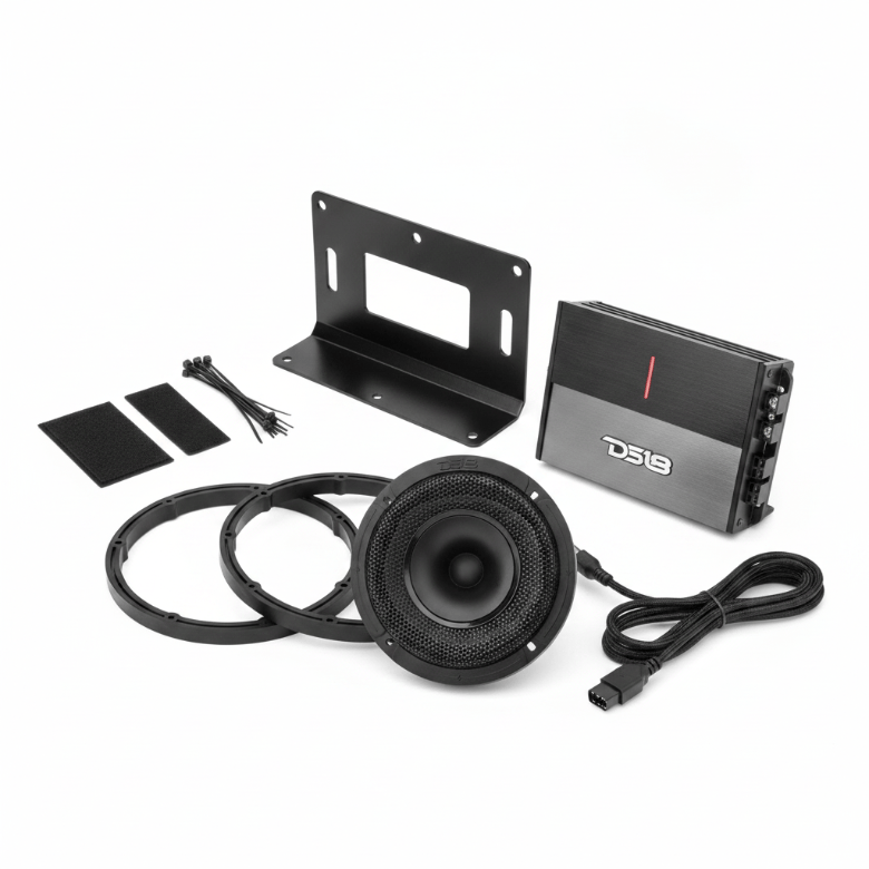 DS18 amplifier, PRO-HY6.4MSL fairing speaker, spacers, wiring and mounting bracket for 2014-2023 Harley-Davidson Street Glide audio installation