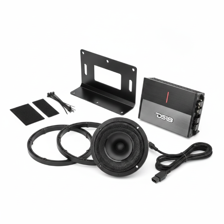 DS18 amplifier, PRO-HY6.4MSL fairing speaker, spacers, wiring and mounting bracket for 2014-2023 Harley-Davidson Street Glide audio installation