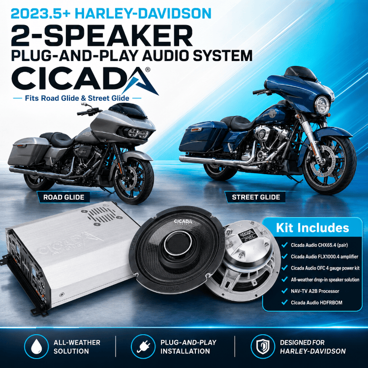 Cicada Audio CHX65.4 two-speaker plug-and-play system with FLX1000.4 amplifier and A2B integration for 2023.5+ Harley Road Glide and Street Glide
