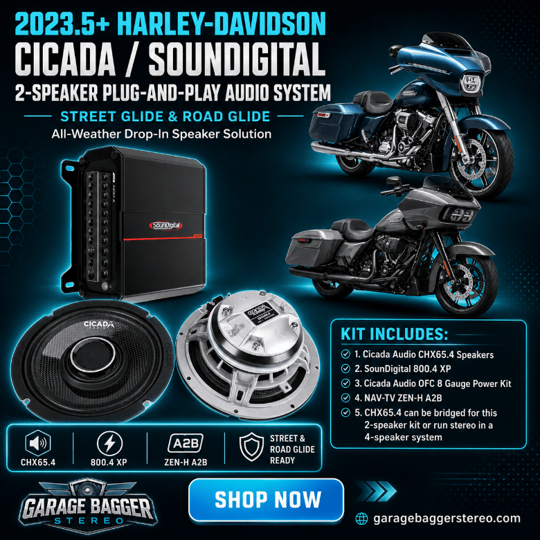 Cicada Audio CHX65 and SounDigital XP 800.4 two-speaker plug-and-play audio system for 2023.5+ Harley CVO and 2024+ Road Glide or Street Glide