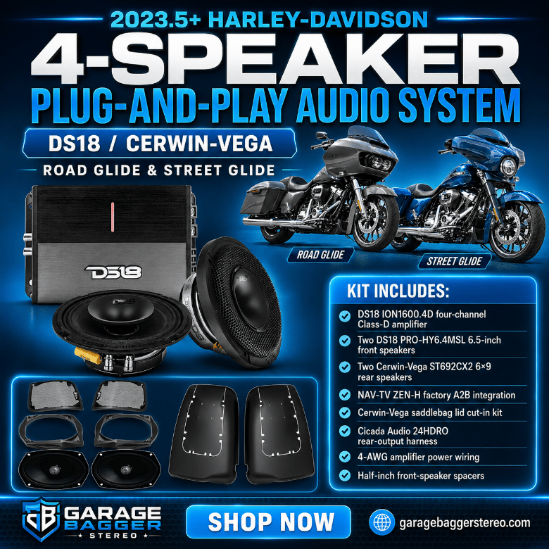 2023.5+ Harley-Davidson Road Glide and Street Glide 4-speaker plug-and-play audio system with DS18 amplifier, front speakers and Cerwin-Vega 6x9 saddlebag speakers