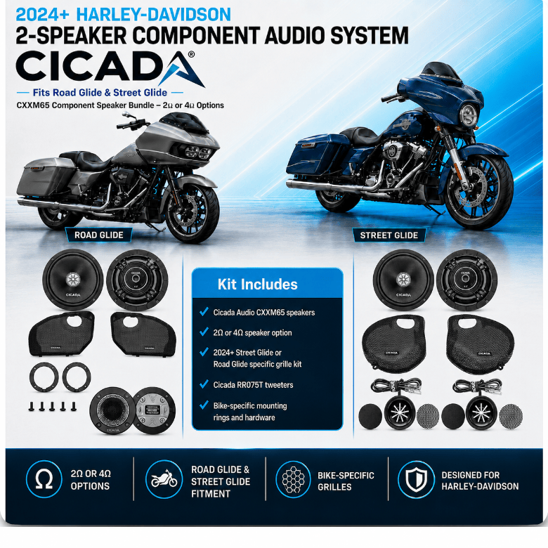 Cicada Audio CXXM65 6.5-inch mid-bass speaker and grille-mounted tweeter kit for 2024+ Harley-Davidson Road Glide or Street Glide