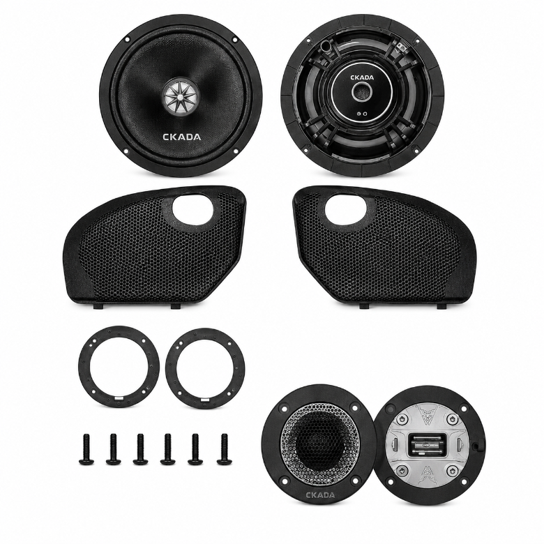 Cicada Audio CXXM65 6.5-inch mid-bass speakers with Road Glide grilles and RR075T tweeters for 2024+ Harley-Davidson Road Glide