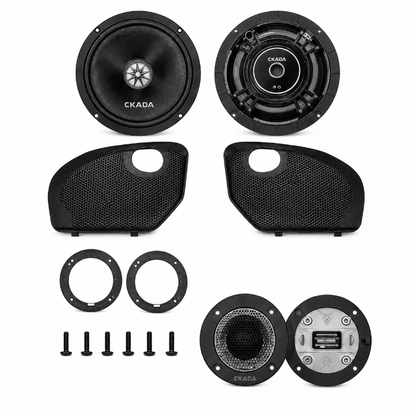 Cicada Audio CXXM65 6.5-inch mid-bass speakers with Road Glide grilles and RR075T tweeters for 2024+ Harley-Davidson Road Glide