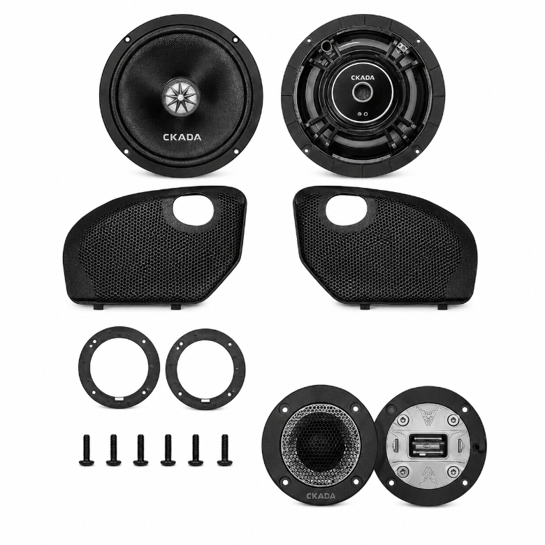 Cicada Audio CXXM65 6.5-inch mid-bass speakers with Road Glide grilles and RR075T tweeters for 2024+ Harley-Davidson Road Glide