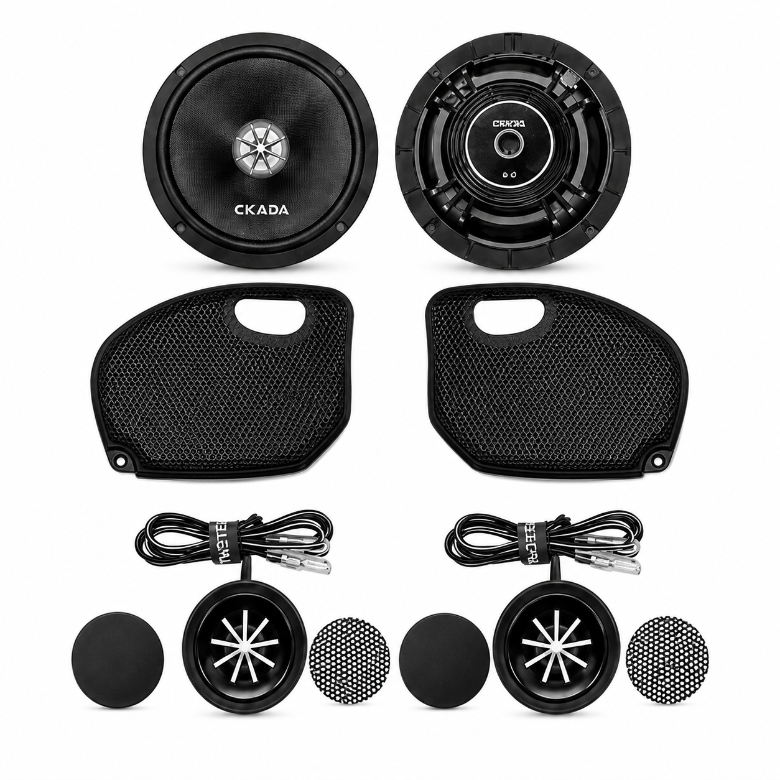 Cicada Audio CXXM65 6.5-inch mid-bass speakers with Street Glide grilles and RR05T tweeters for 2024+ Harley-Davidson Street Glide