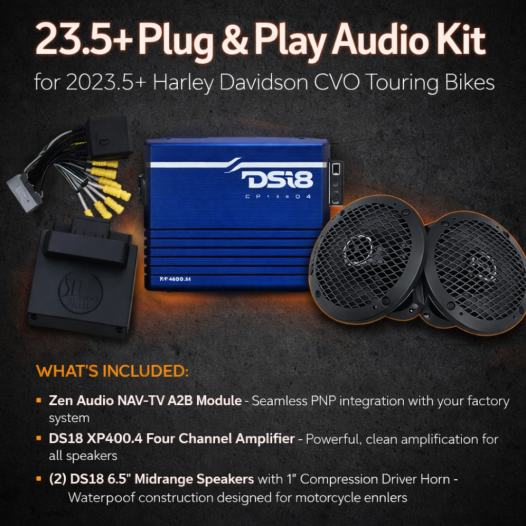23.5 CVO Harley Davidson plug and play audio kit with NavTV A2B module, DS18 FRP1200 amplifier, and PRO-HY 6.2 speakers
