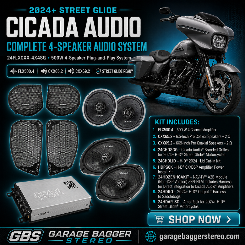 Cicada Audio 24FLXCXX-4X4SG four-speaker plug-and-play audio system with FLX500.4 amplifier for 2024+ Harley-Davidson Street Glide