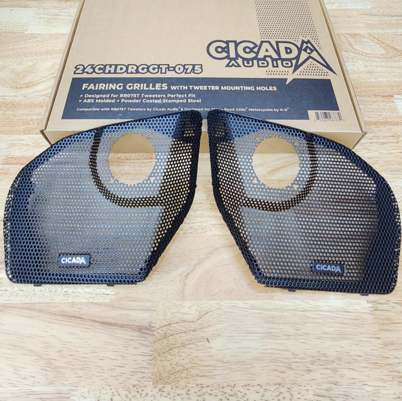 Cicada Audio 24CHDRGGT-075
Harley Road Glide Grills w/ RR075T mounts (Pair)
2024+ Road Glide Cicada Audio® Branded Grilles