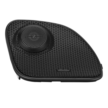 Angled view of DS18 Road Glide front grille with integrated bullet tweeter for 2014-2023 Harley-Davidson