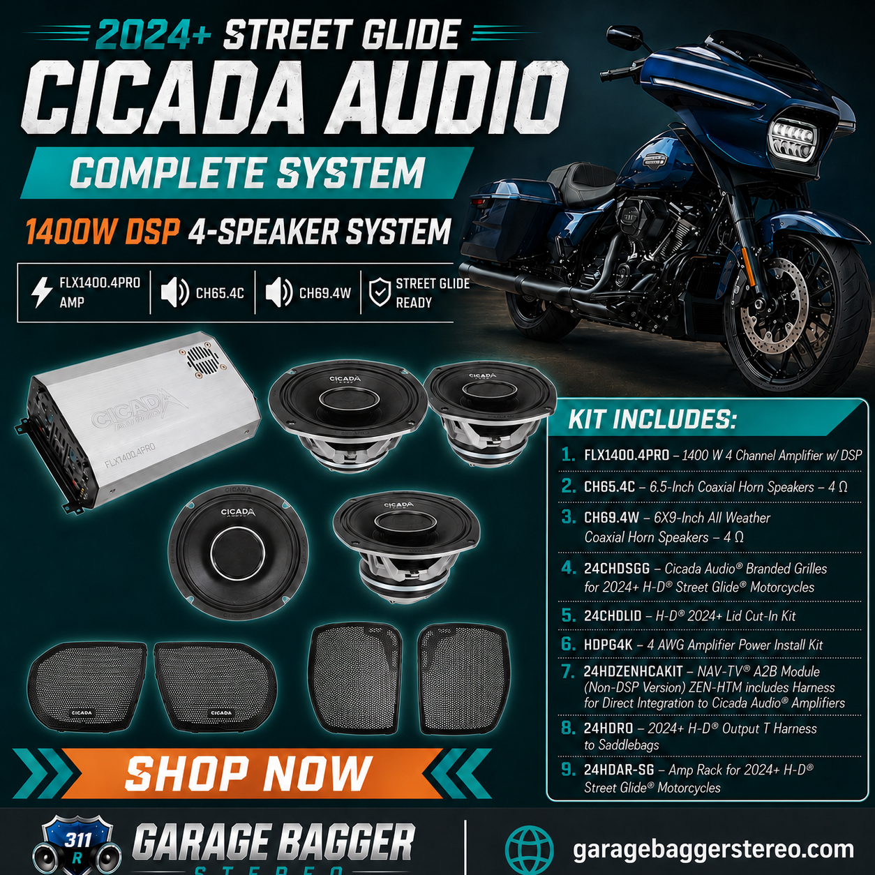 Cicada Audio 24FLXPCH-4X4SG 1400W DSP 4-Speaker System for 2024+ Street Glide