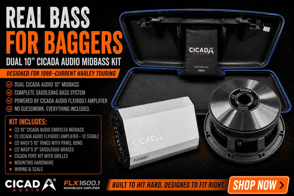 Cicada Audio 10 inch Harley Touring midbass kit with FLX1600.1 amplifier and CMB10.S4 speakers