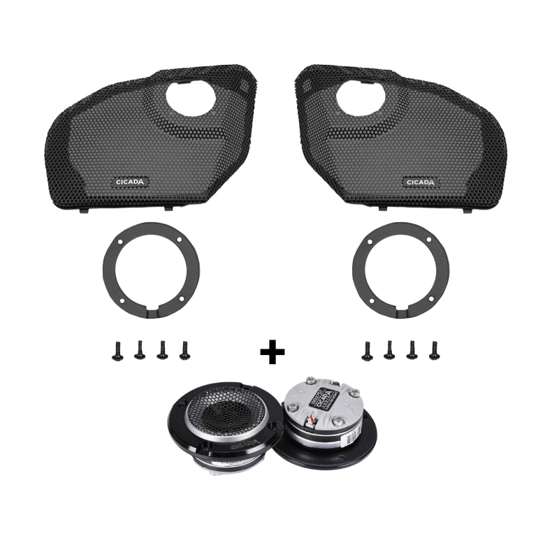Cicada Audio 24CHDRGGTK-075 kidney grilles with RR075T 4-ohm horn tweeters and crossovers for 2024+ Harley-Davidson Road Glide